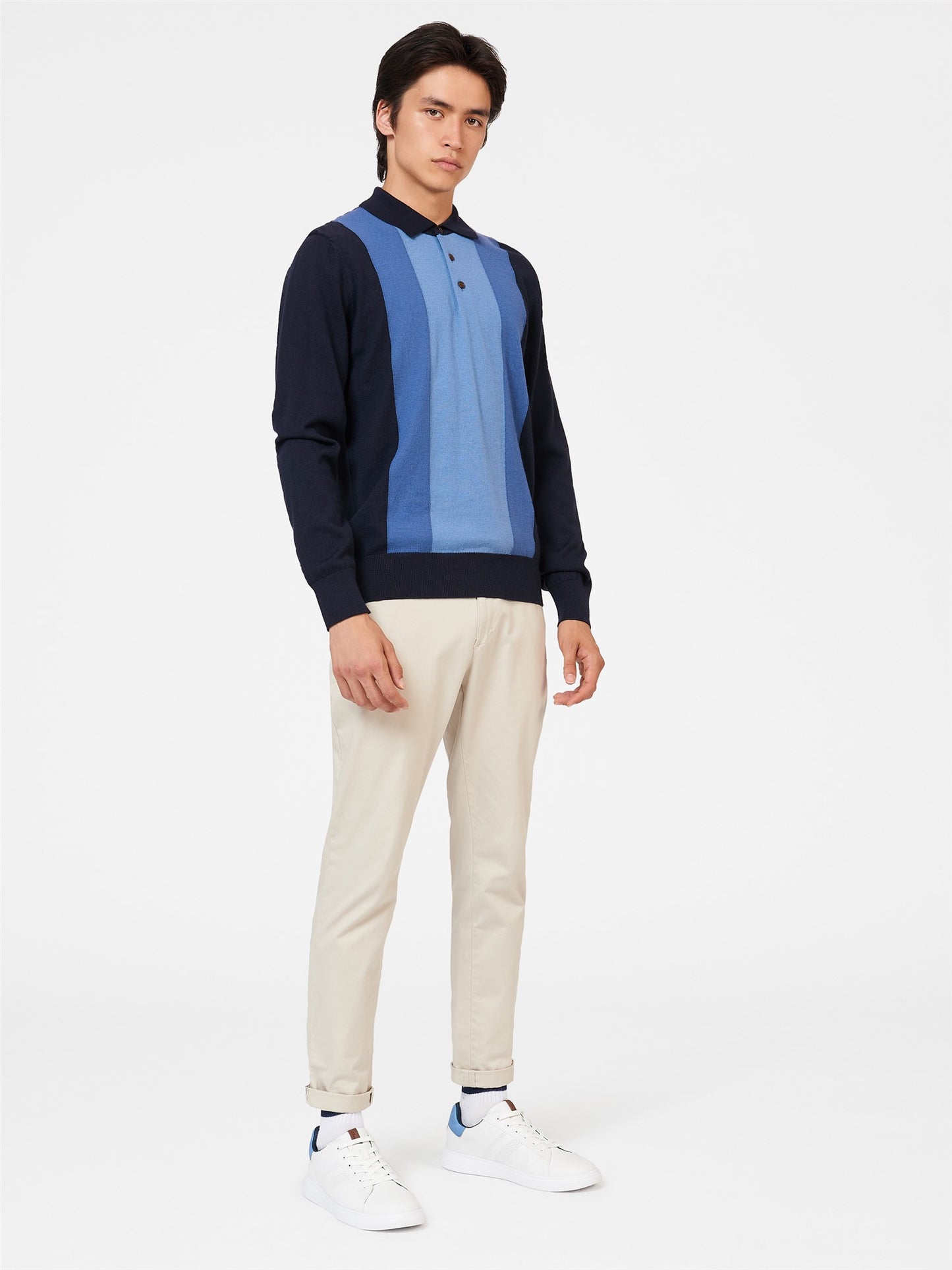 Ben Sherman Men's 0073994 LS Block Stripe Merino Polo Shirt Dark Navy