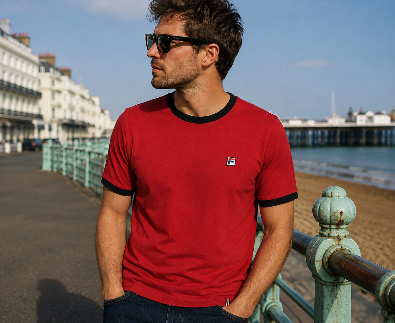 A man wearing a red short-sleeve ringer t-shirt with black trim and a small Fila logo on the chest, standing on a beach boardwalk with a pier and ocean in the background.