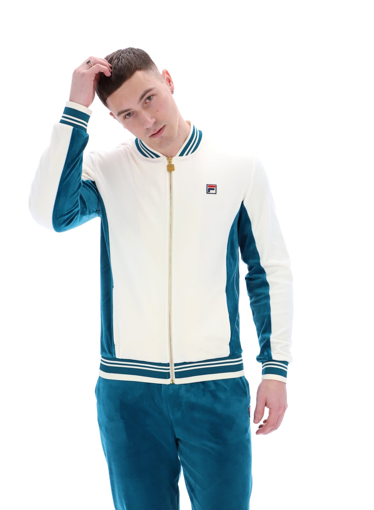 Fila Vintage Men's Miguel Velour Track Top Gardenia /Deep Lagoon