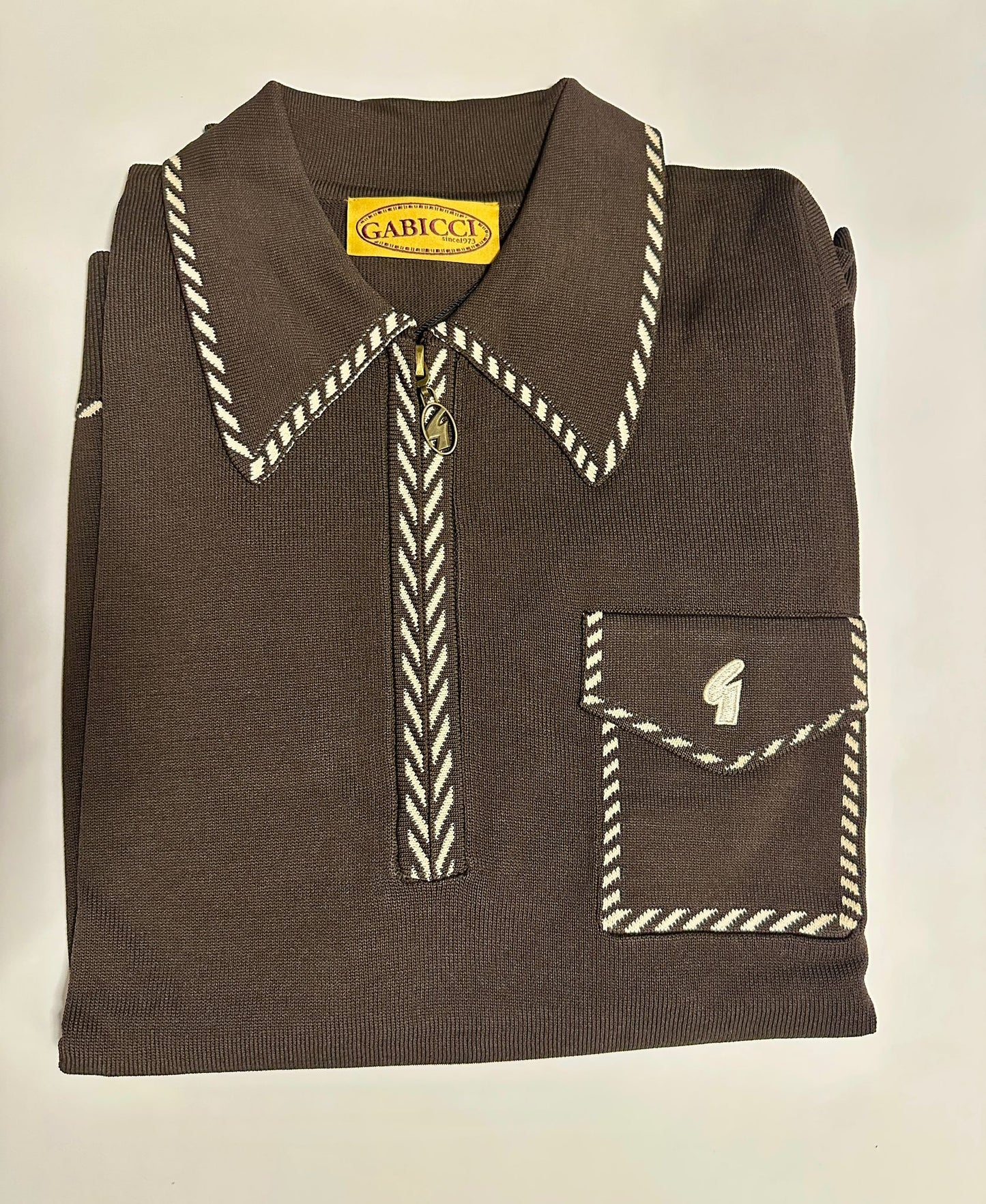 Gabicci Vintage Men's V55GM23 Kiki L/S Zip Knit Polo Shirt Clove Brown