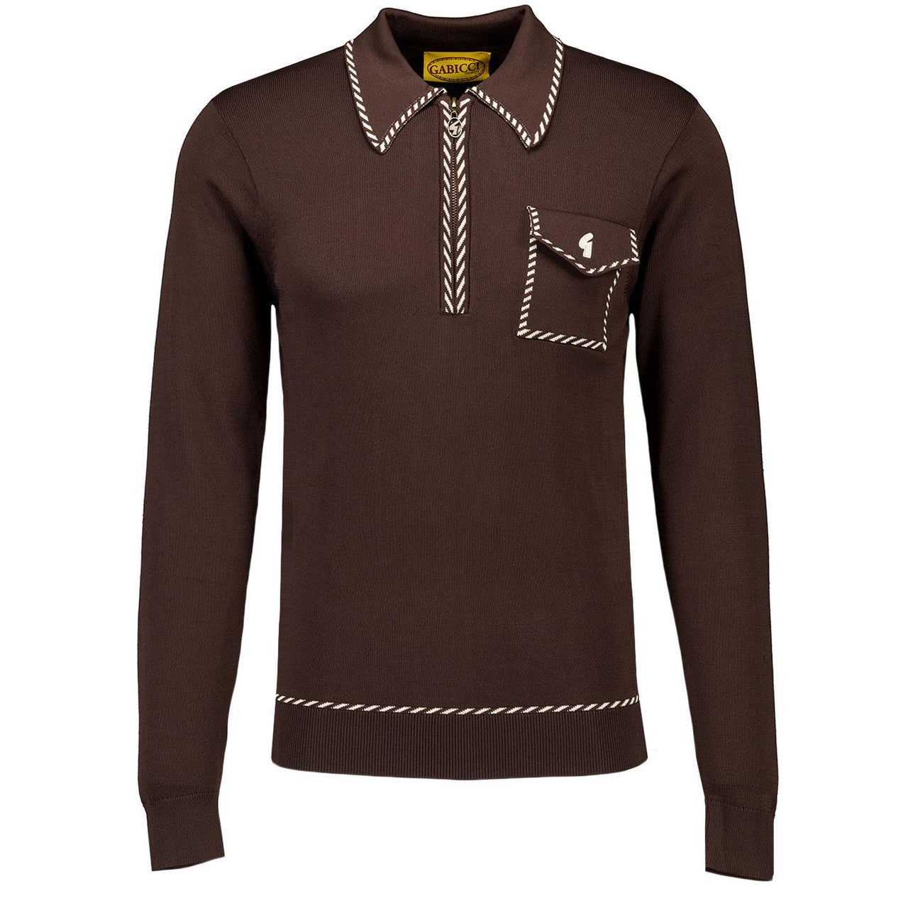 Gabicci Vintage Men's V55GM23 Kiki L/S Zip Knit Polo Shirt Clove Brown
