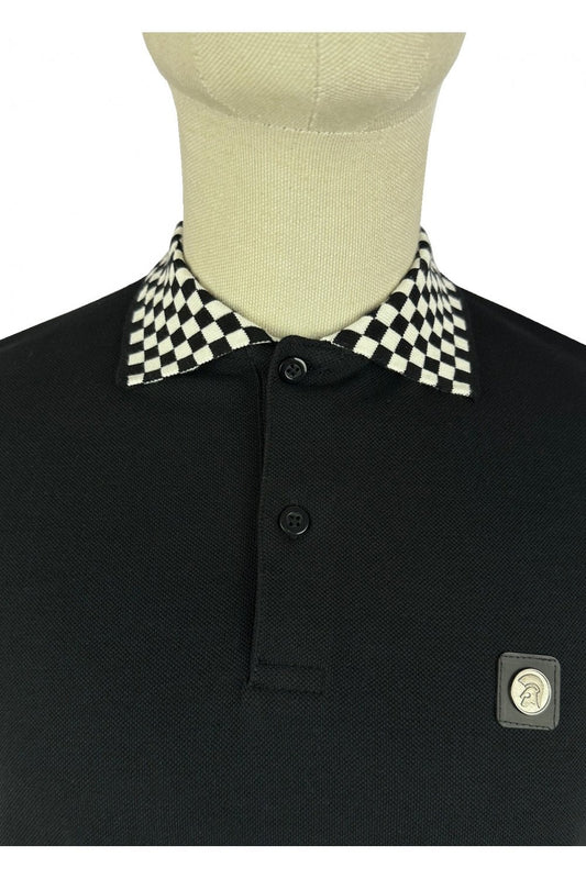 Trojan Records Men's TR9034 L/S Chequerboard Trim Polo Shirt Black
