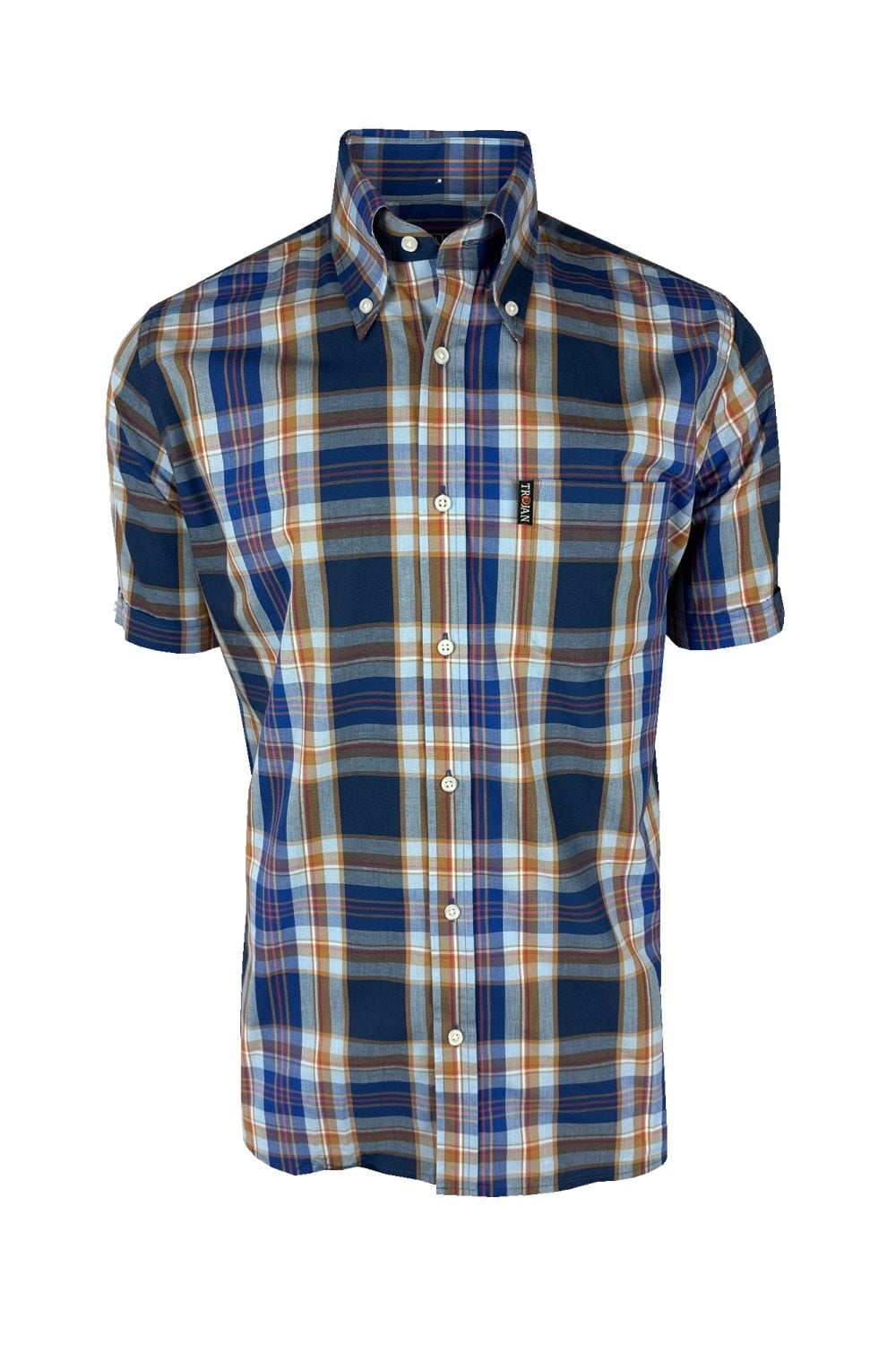 Trojan Records Men's TC1047 SS Multi-Check Shirt Powder Blue