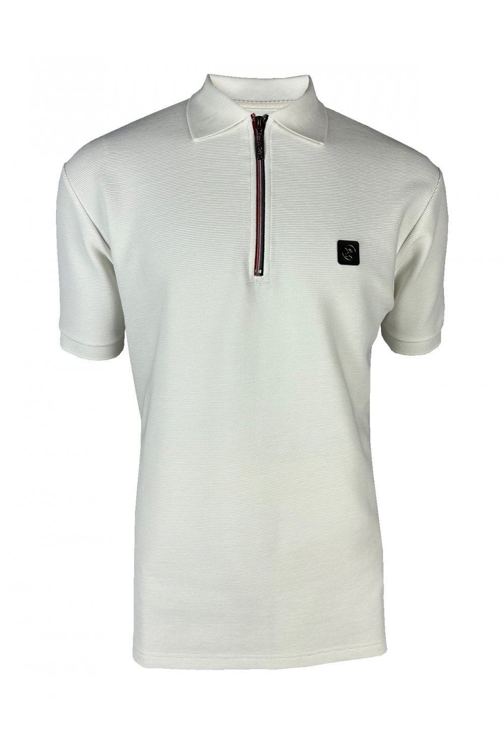 Trojan Records Men's TR8985 Ottoman Rib Chrome-effect Zip Polo Shirt Ecru