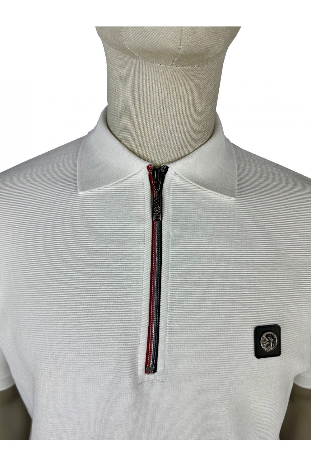 Trojan Records Men's TR8985 Ottoman Rib Chrome-effect Zip Polo Shirt Ecru