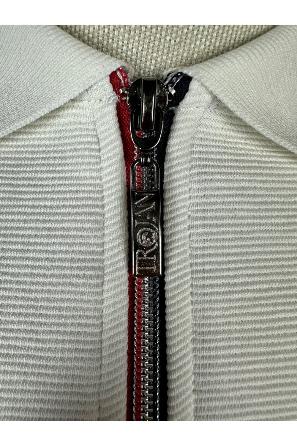 Trojan Records Men's TR8985 Ottoman Rib Chrome-effect Zip Polo Shirt Ecru