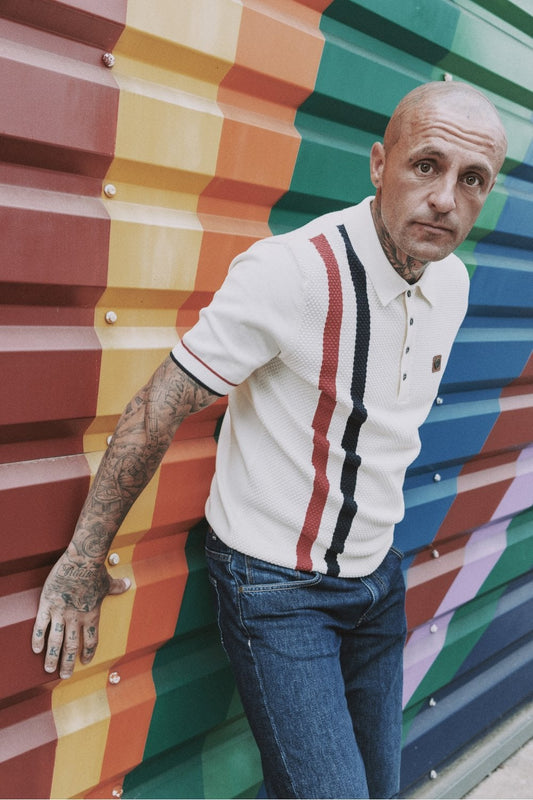 Trojan Records Men's TR9013 Racing Stripe Fine Gauge Polo Shirt Ecru