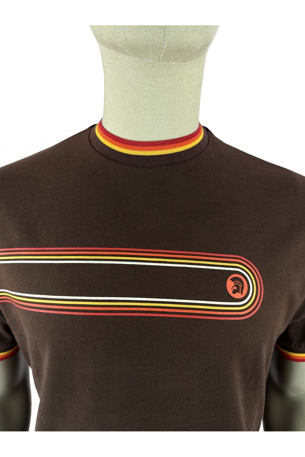 Trojan Records Men's TR9137 Retro Stripe Print Tee Chocolate Brown