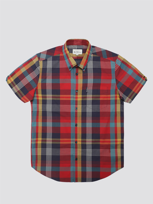 Ben Sherman Men's 0075938 SS Large Madras Check Shirt Scarlet Red