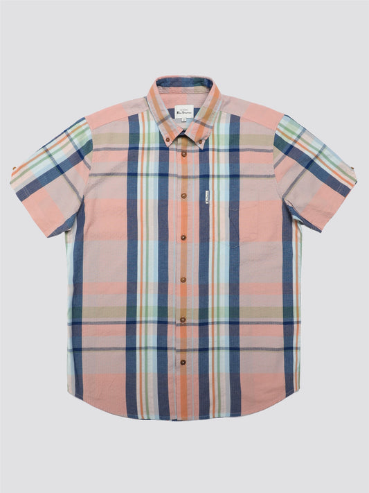 Ben Sherman Men's 0075943 SS Seersucker Check Shirt Pink