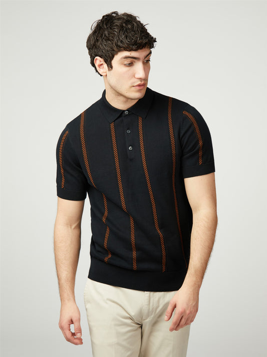 Ben Sherman Men's 0077607 SS Jacquard Stripe Polo Shirt Black