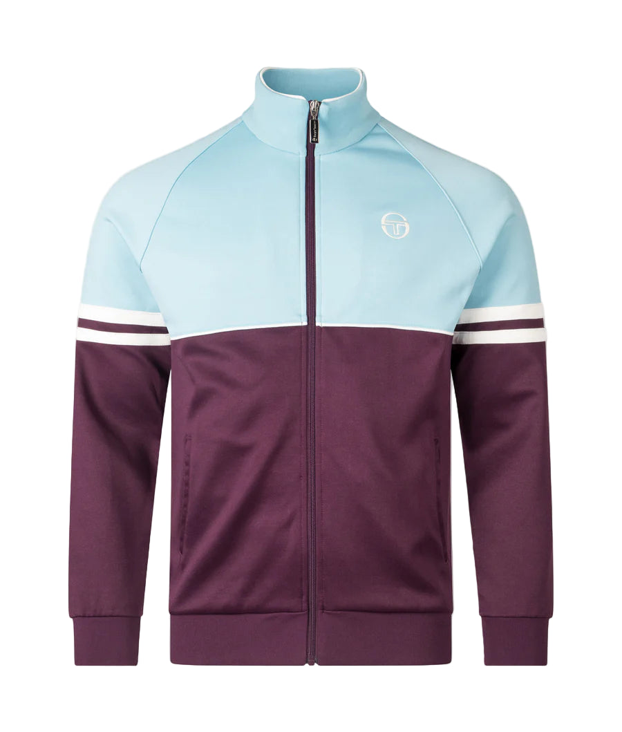 Two-tone jacket with light blue and purple design on a white background