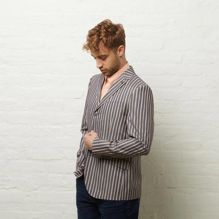 Gabicci Vintage Men's V54GJ04 Henley Stripe Blazer Navy Blue