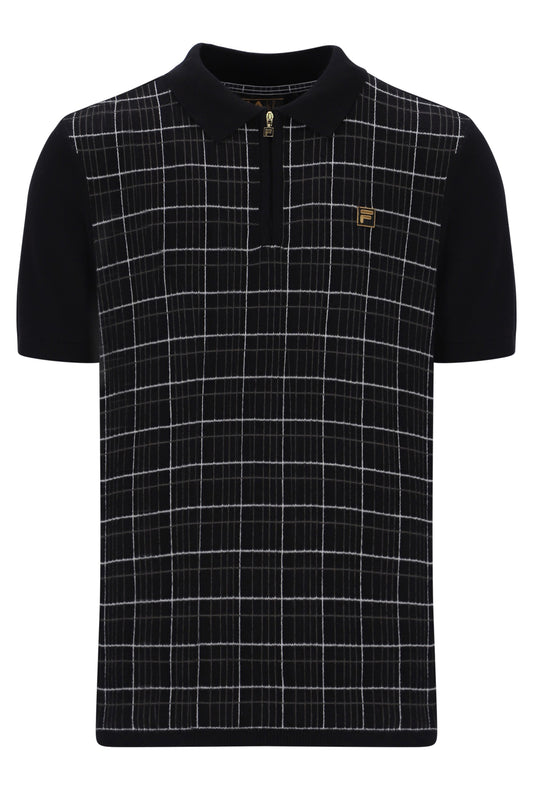 Fila Vintage Enzo Knitted Check Zip Polo Shirt Black