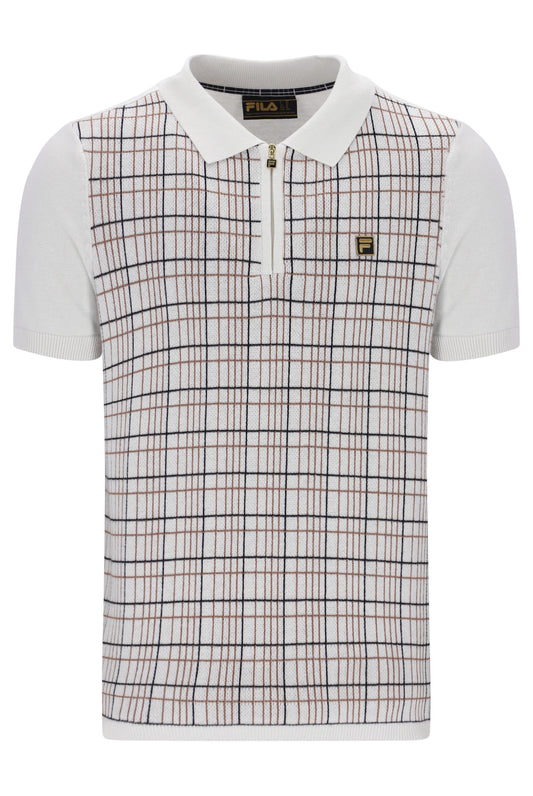 Fila Vintage Enzo Knitted Check Zip Polo Shirt White Down