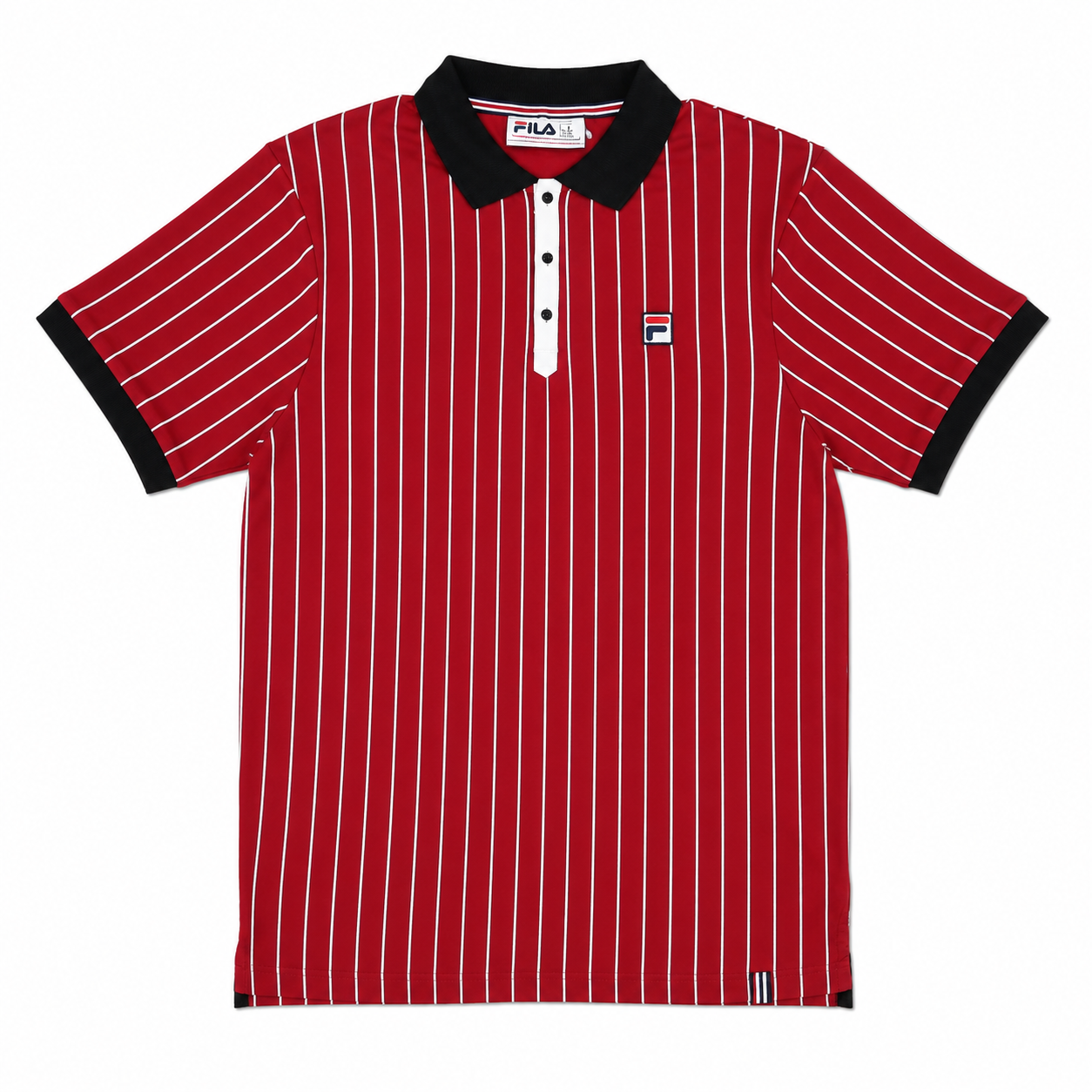 A red short-sleeve polo shirt with thin white vertical pinstripes, a black collar and sleeve cuffs, and a small Fila logo patch on the left chest, shown flat against a white background.
