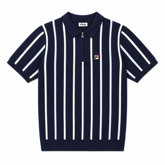 Fila Vintage Men's Giorgio Crochet Patchwork Knitted Polo Shirt Fila Navy Blue