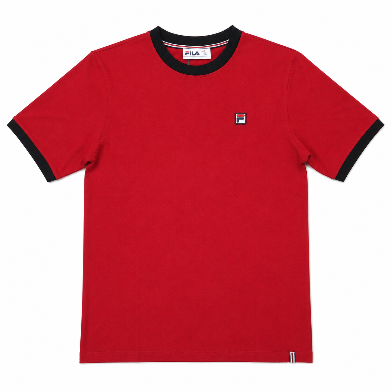 A red short-sleeve ringer t-shirt by FILA, featuring black ribbed trim at the crew neck and sleeve cuffs, with the brand's small logo on the left chest.