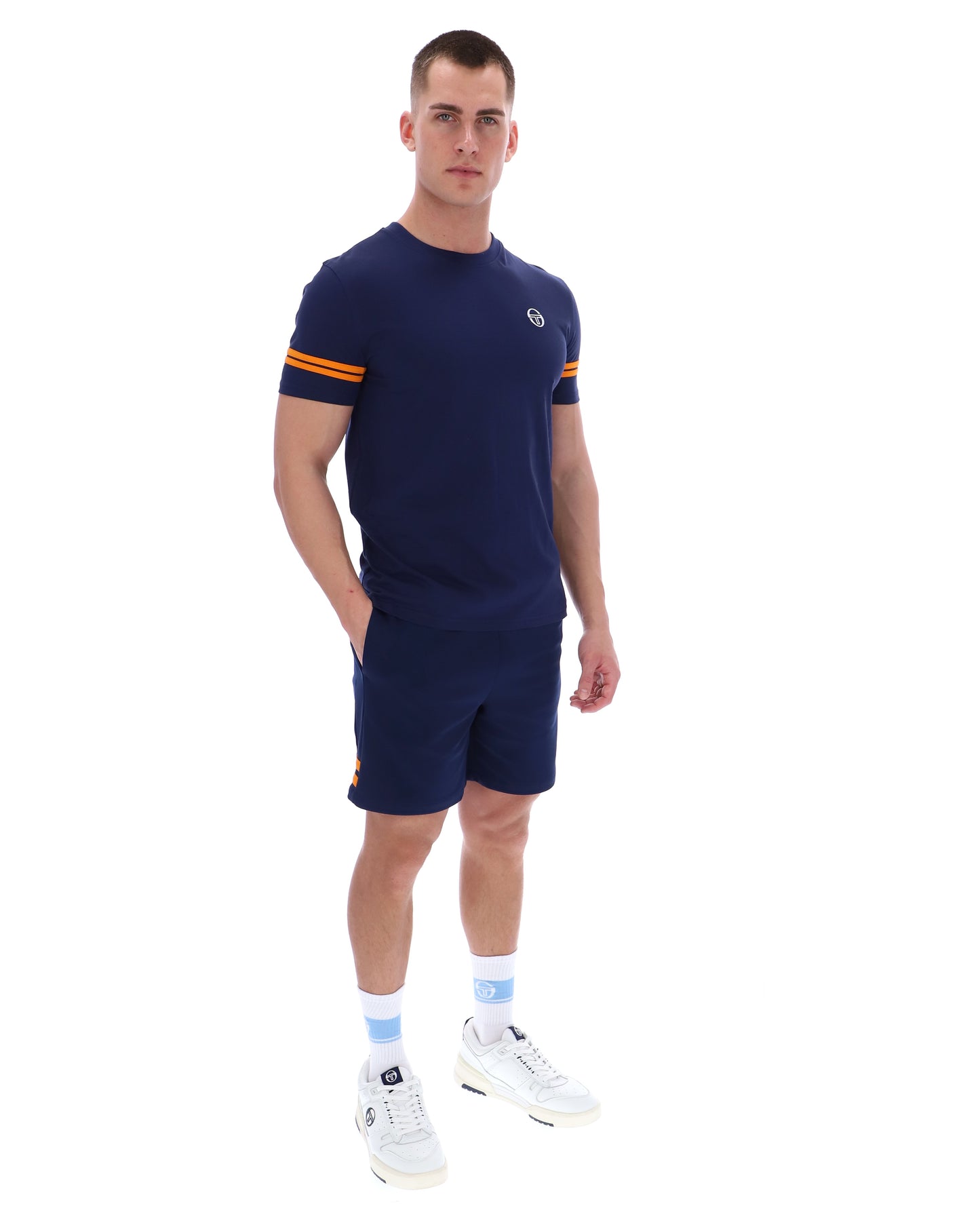 Sergio Tacchini Men's STM18376 SS Grello Crew Neck T Shirt Maritime Blue / Orange Pepper