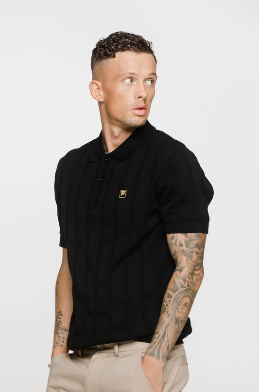 Fila Vintage Men's Kennedy Textured Stripped Polo Shirt Black