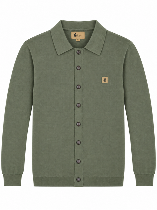 Gabicci Vintage Men's V55GK16 Azima Long Sleeve Plain Knitted Button-Thru Polo - Khaki