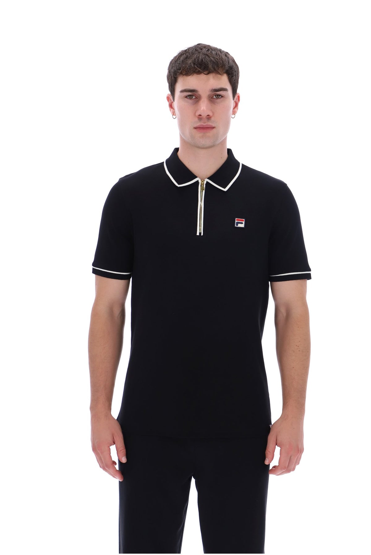 Fila Vintage Men's Oden Zip Polo Shirt Black / Gardenia