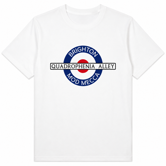 A white short-sleeve crewneck t-shirt featuring a circular graphic on the chest. The graphic is styled like a London Underground roundel, with a blue outer ring reading 'BRIGHTON' and 'MOD MECCA', a white center bar reading 'QUADROPHENIA ALLEY', and a red center dot.