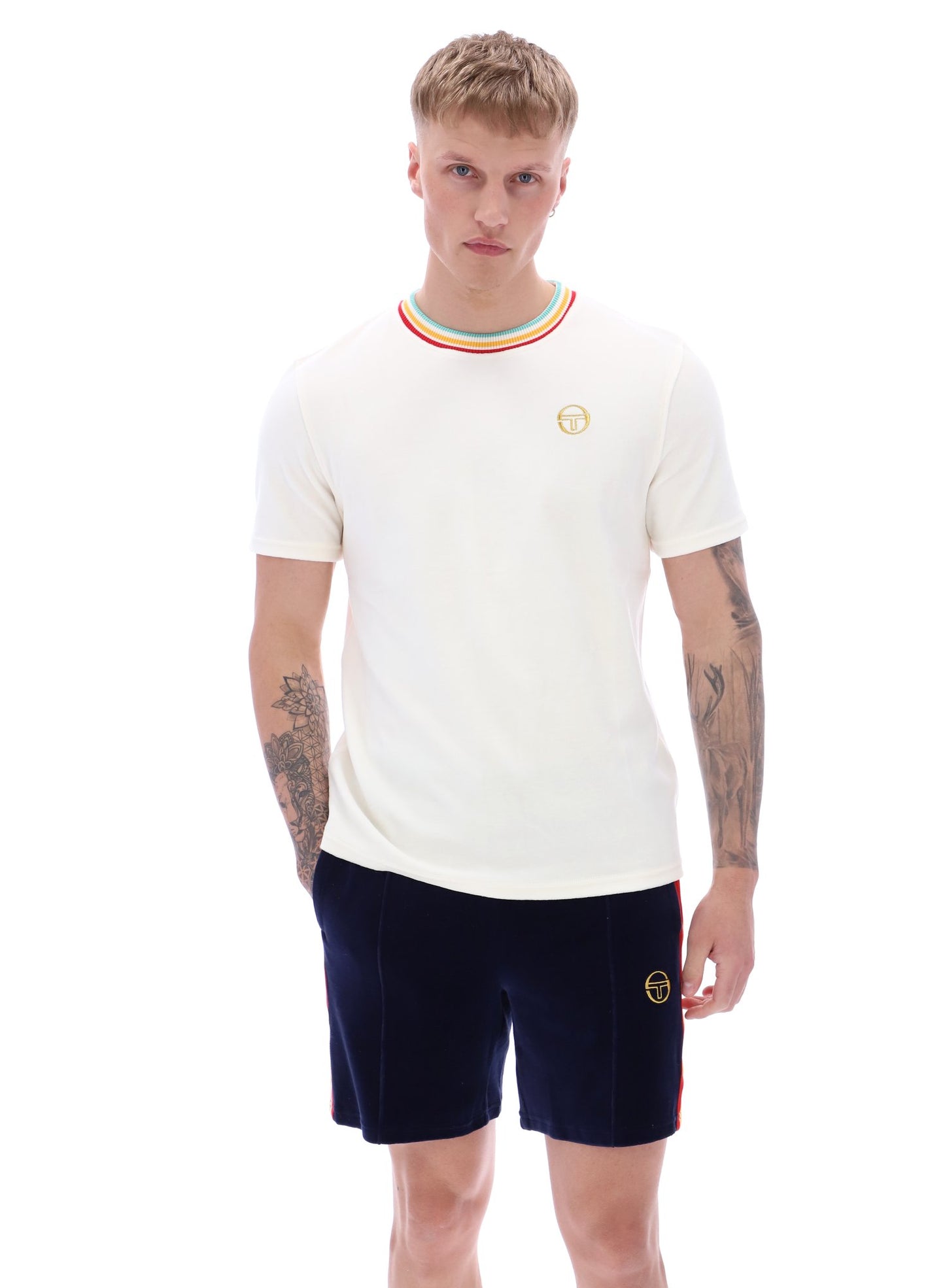 Sergio Tacchini Men's STM12122 SS Slice Crew Neck Velour T Shirt Gardenia / Gold