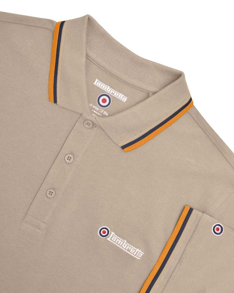 Lambretta Men's SS1650 Triple Tipped Polo Shirt Cashew / Stone / Navy / Orange