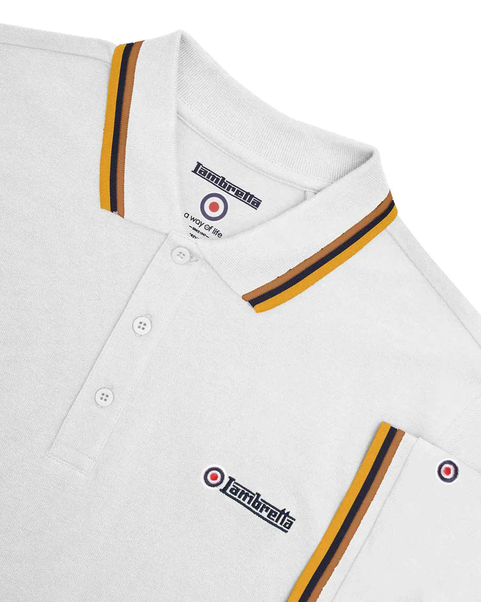Lambretta Men's SS1650 Triple Tipped Polo Shirt White / Tobacco / Navy / Gold