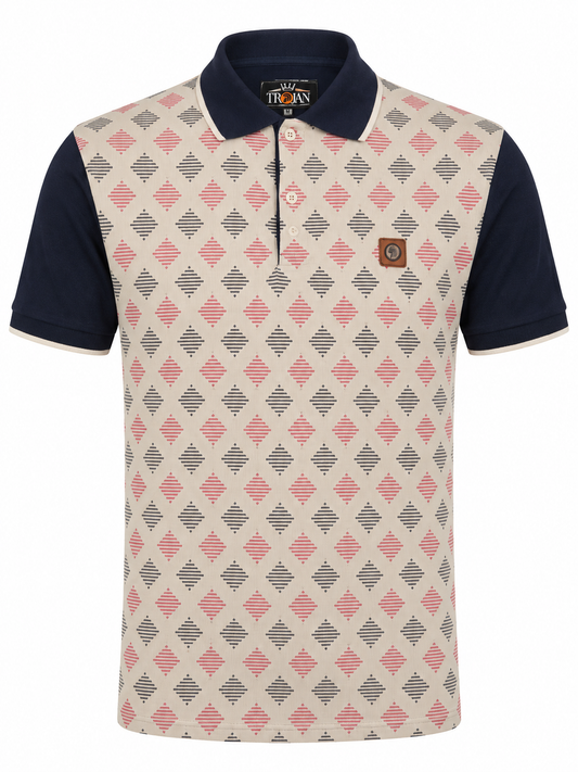 A men's short-sleeve polo shirt by Brax, featuring a beige body with a pink, gray, and black geometric diamond pattern, contrasted with a navy blue collar and sleeves.
