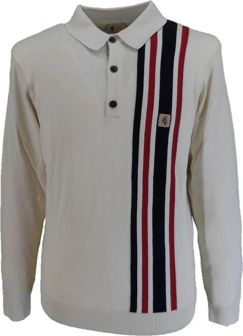 Gabicci Vintage Men's V53GM03 Soda LS Racing Stripe Polo Shirt Cream