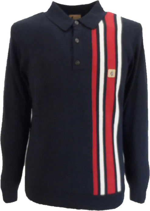 Gabicci Vintage Men's V53GM03 Soda LS Racing Stripe Polo Shirt Navy Blue