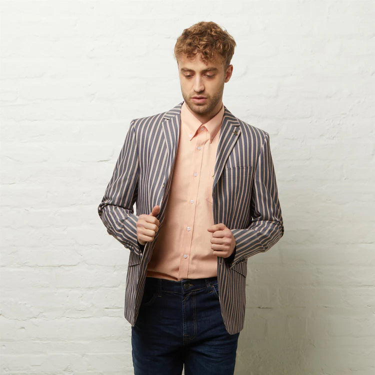 Gabicci Vintage Men's V54GJ04 Henley Stripe Blazer Navy Blue