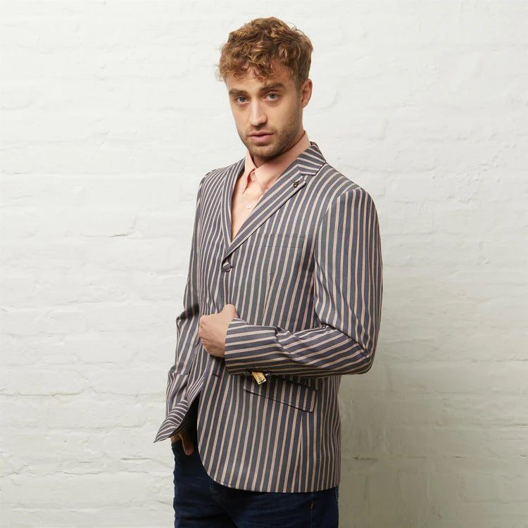 Gabicci Vintage Men's V54GJ04 Henley Stripe Blazer Navy Blue