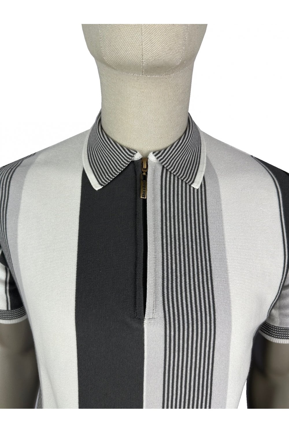 Ska & Soul Men's SS2541 Mixed Stripe Fine Gauge Zip Polo Shirt Mono Black White