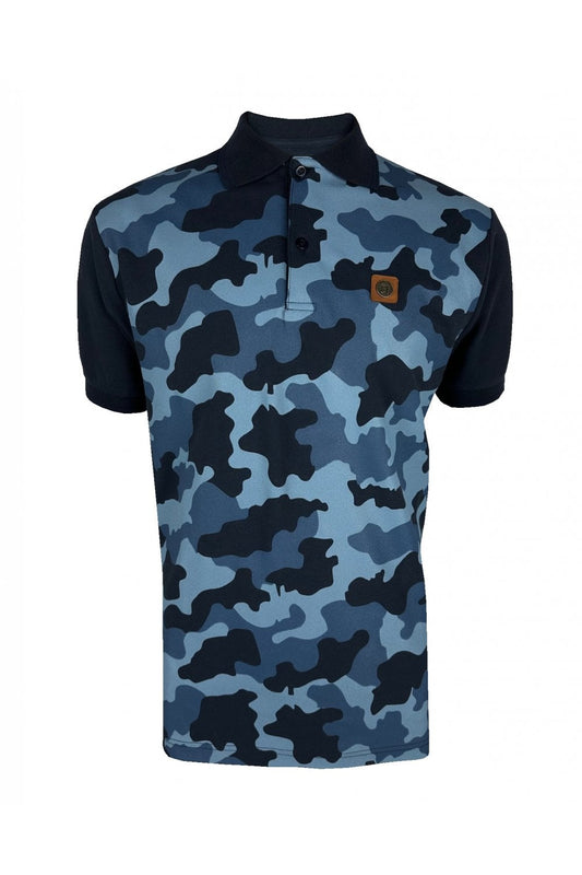 Trojan Records Men's TR8873 SS Camo Panel Pique Polo Shirt Navy Blue