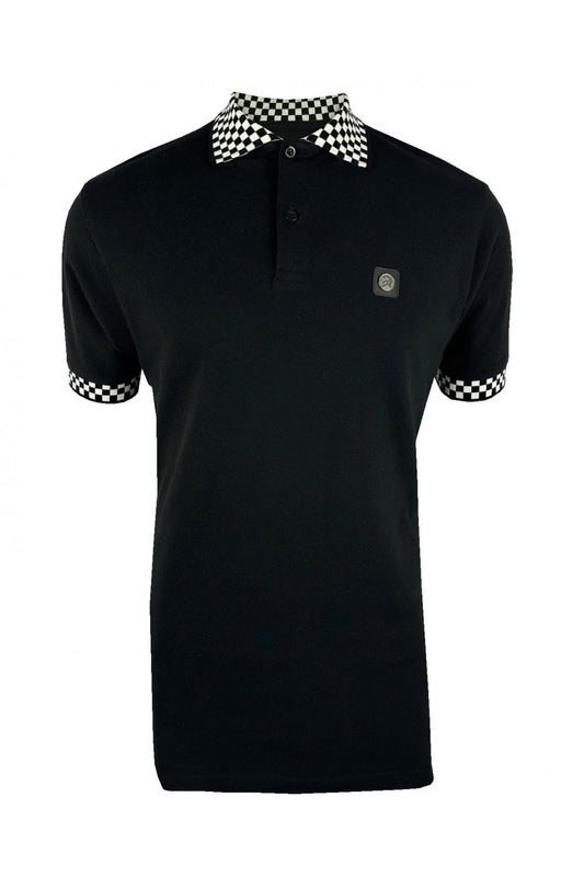 Trojan Records Men's TC1051 Chequerboard Trim Pique Polo Shirt Black