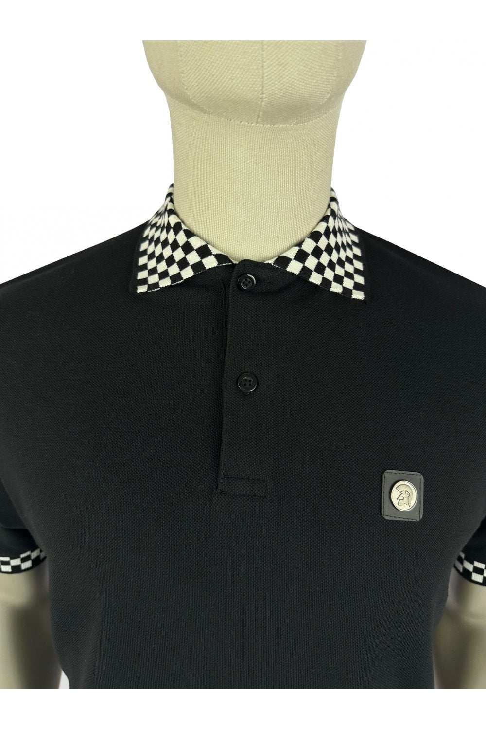 Trojan Records Men's TR8929 SS Chequerboard Trim Polo Shirt Black