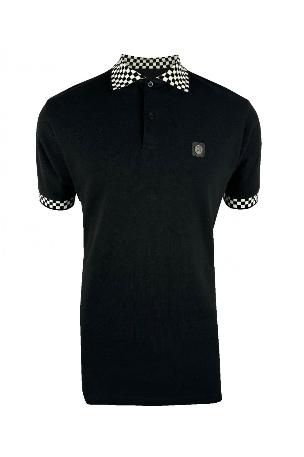 Trojan Records Men's TR8988 Chequerboard Trim Pique Polo Shirt Black