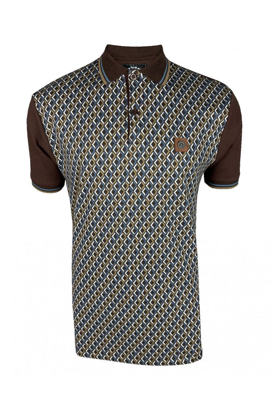 Trojan Records Men's TR8978 Diamond Jacquard Panel Polo Shirt Chocolate Brown