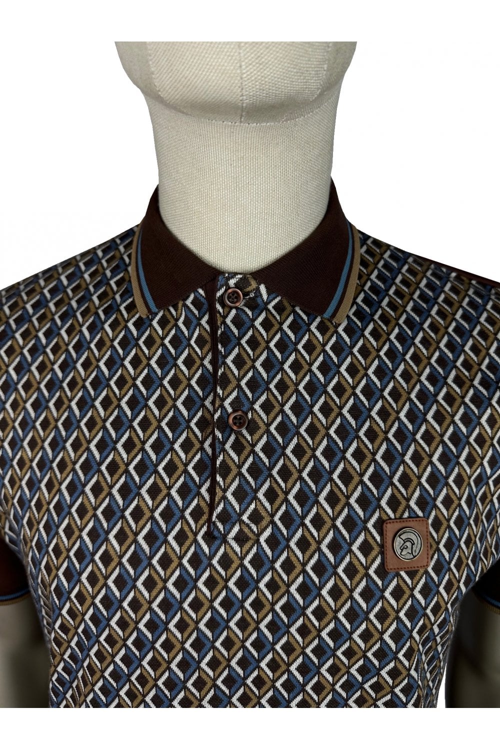 Trojan Records Men's TR8978 Diamond Jacquard Panel Polo Shirt Chocolate Brown