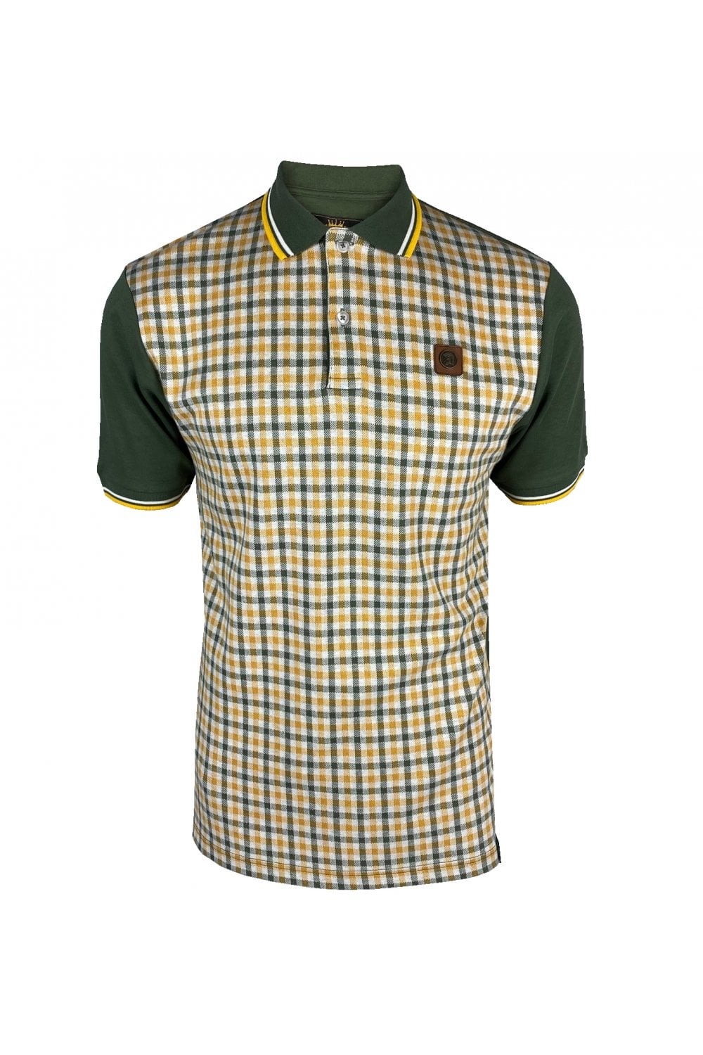 Trojan Records Men's TR8769 SS Gingham Check Polo Shirt Army Green