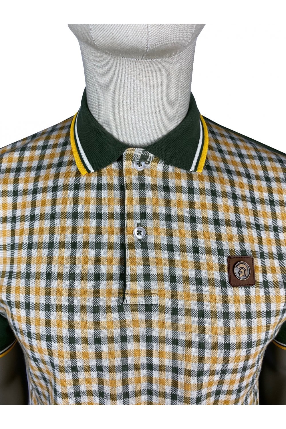 Trojan Records Men's TR8769 SS Gingham Check Polo Shirt Army Green