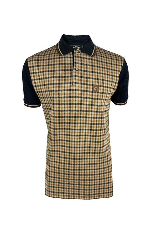 Trojan Records Men's TR8822 SS Gingham Check Panel Polo Shirt Navy Blue