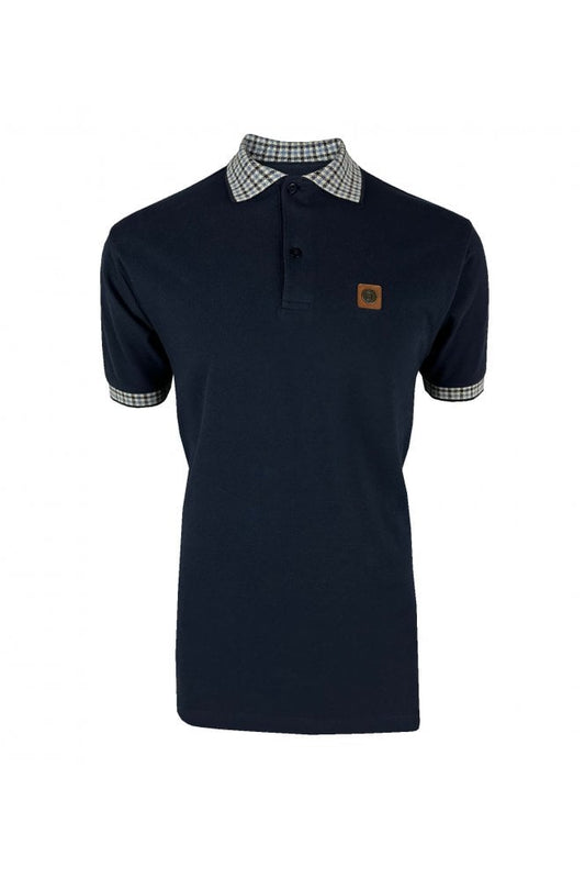 Trojan Records Men's TR8865 SS Gingham Check Trim Pique Polo Shirt Navy Blue