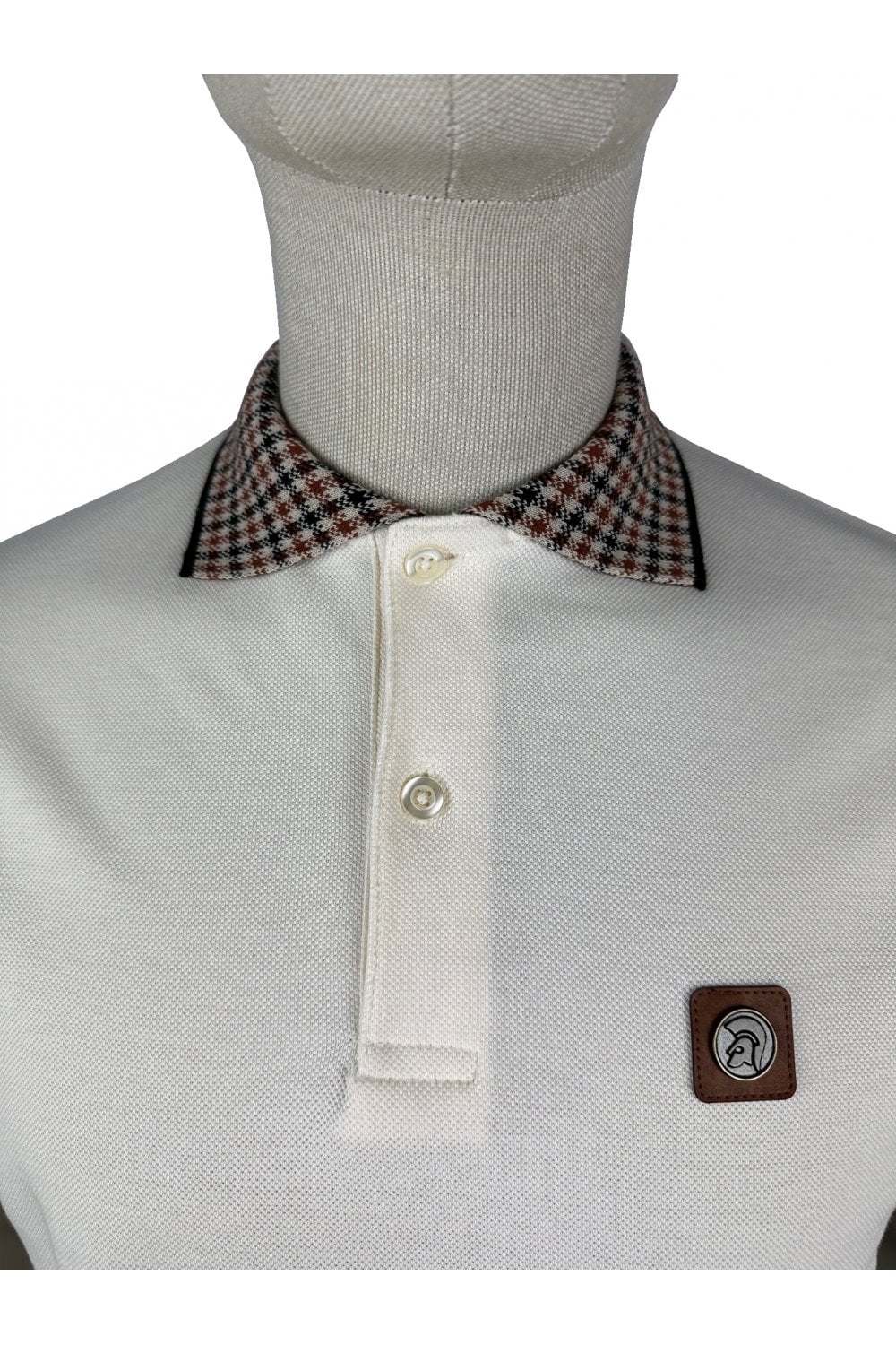 Trojan Records Men's TR8865 SS Gingham Check Trim Pique Polo Shirt Ecru