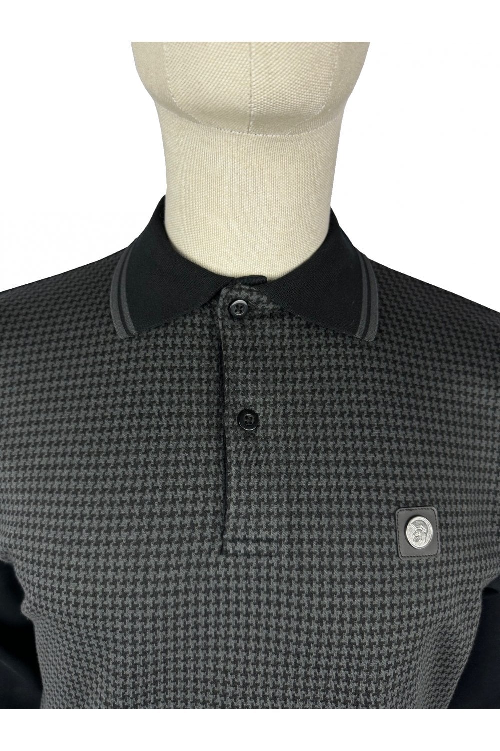 Trojan Records Men's TR8935 LS Houndstooth Panel Polo Shirt Black