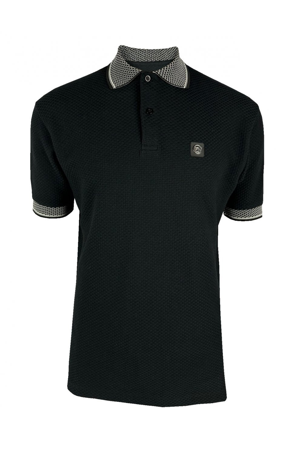 Trojan Records Men's TR8983 Jacquard Collar Textured Polo Shirt Black