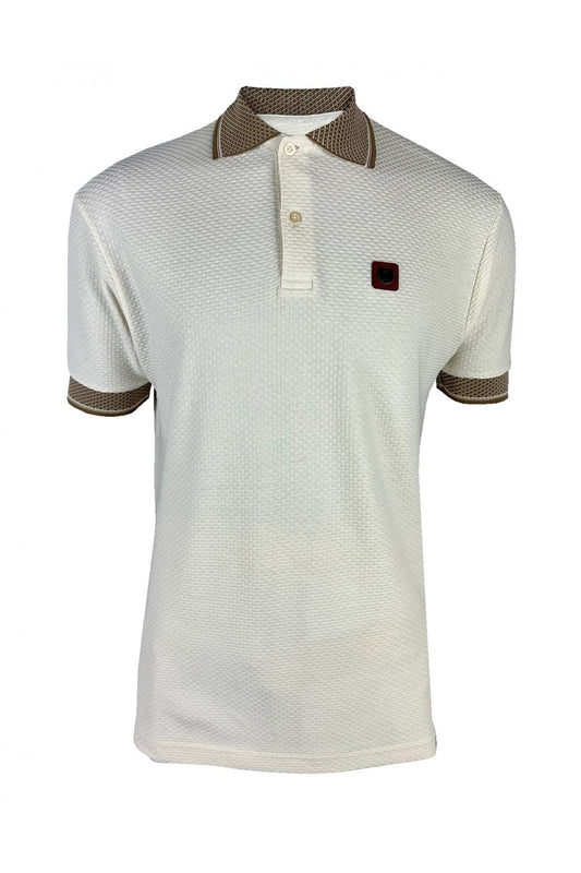 Trojan Records Men's TR8983 Jacquard Collar Textured Polo Shirt Ecru